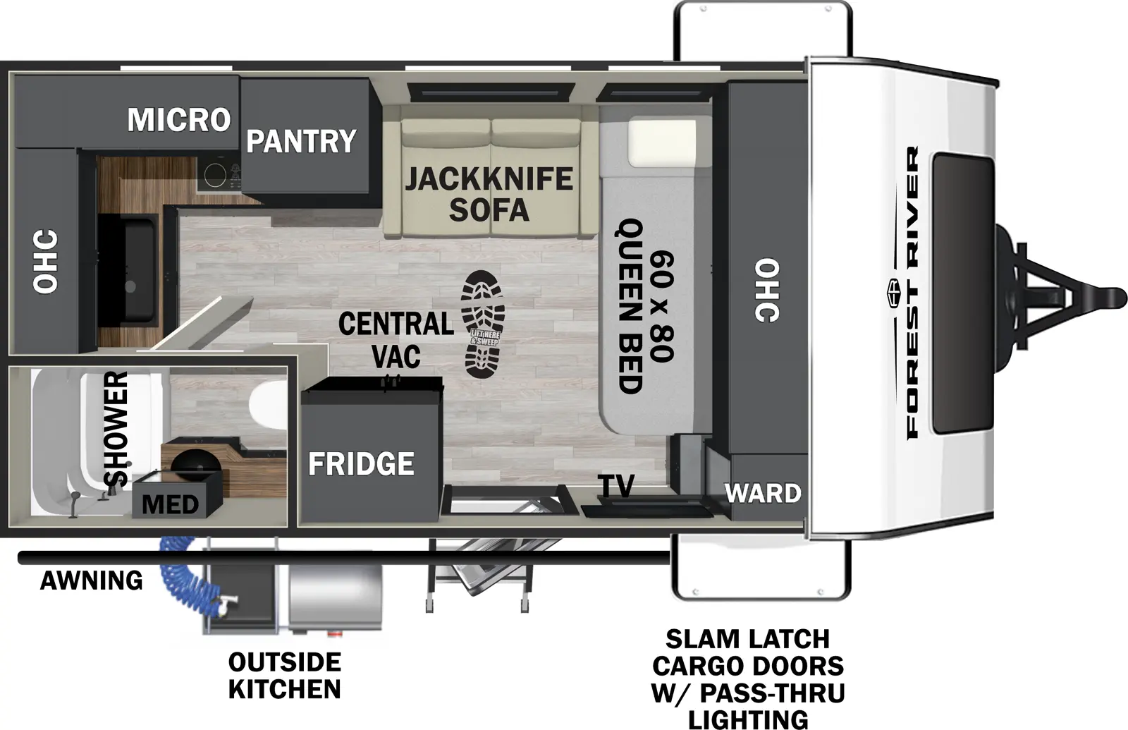 The Ibex 16MRJ floorplan has one entry and zero slide outs. Exterior features include: fiberglass exterior and outside kitchen. Interiors features include: front bedroom.